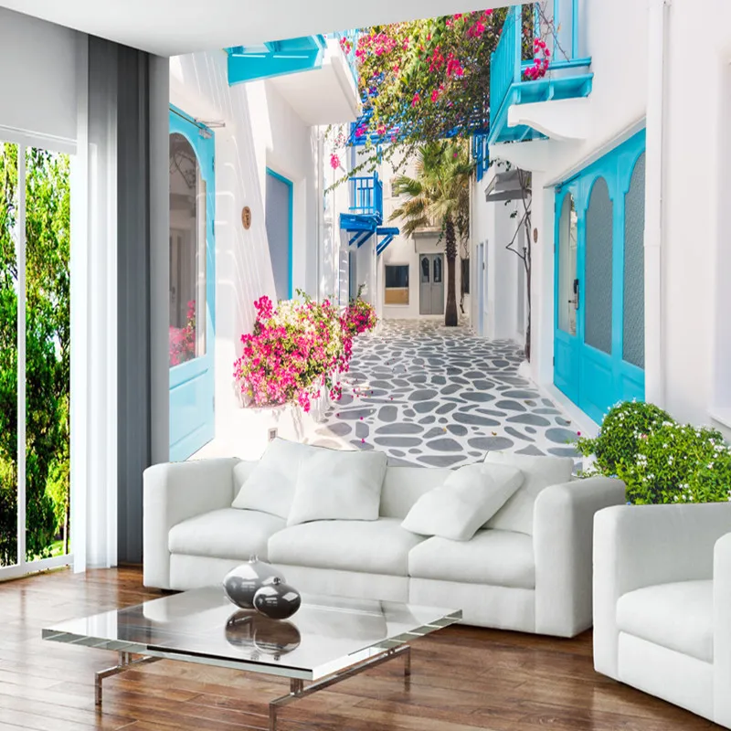 3D Photo Wallpaper Romantic Wall Murals Landscape Greek Santorini Blue Sea Wallpaper 3D Living Room Wall Stickers Warm Wallpaper