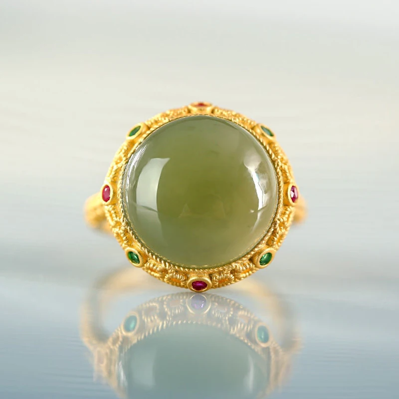 

New design inlaid natural Hetian green jade egg face hollow color zirconium ring opening ethnic style light luxury jewelry