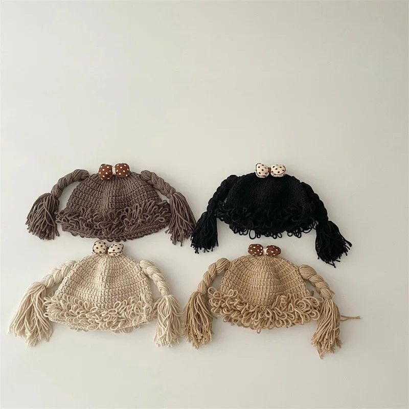 

Autumn Winter Clothes New Children Funny Knitted Cap Girl Baby Casual Solid Double Horsetail Hat Infant Braided Hat Kid Beanies