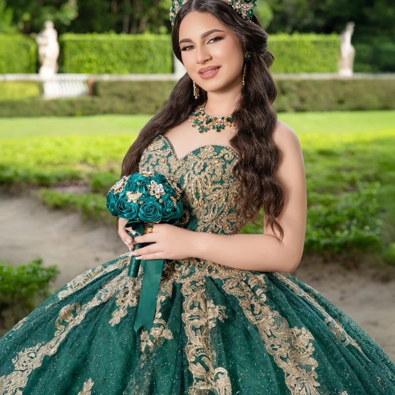 Зеленое блестящее платье Quinceanera бальное золотая кружевная аппликация тюль с