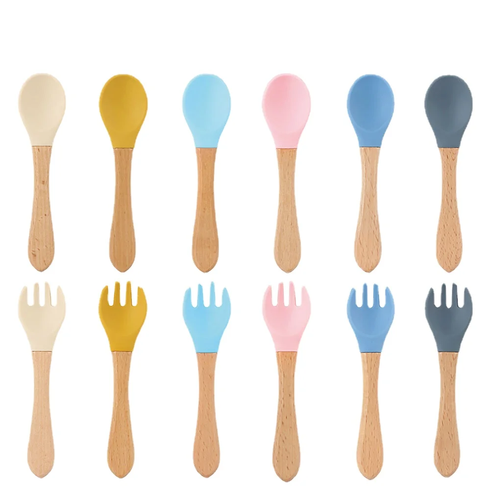 

Wooden Handle Silicone Spoon Feeding Accessories For Baby Utensils Eat Soild Food Kids Training Manipulative Ability Children's