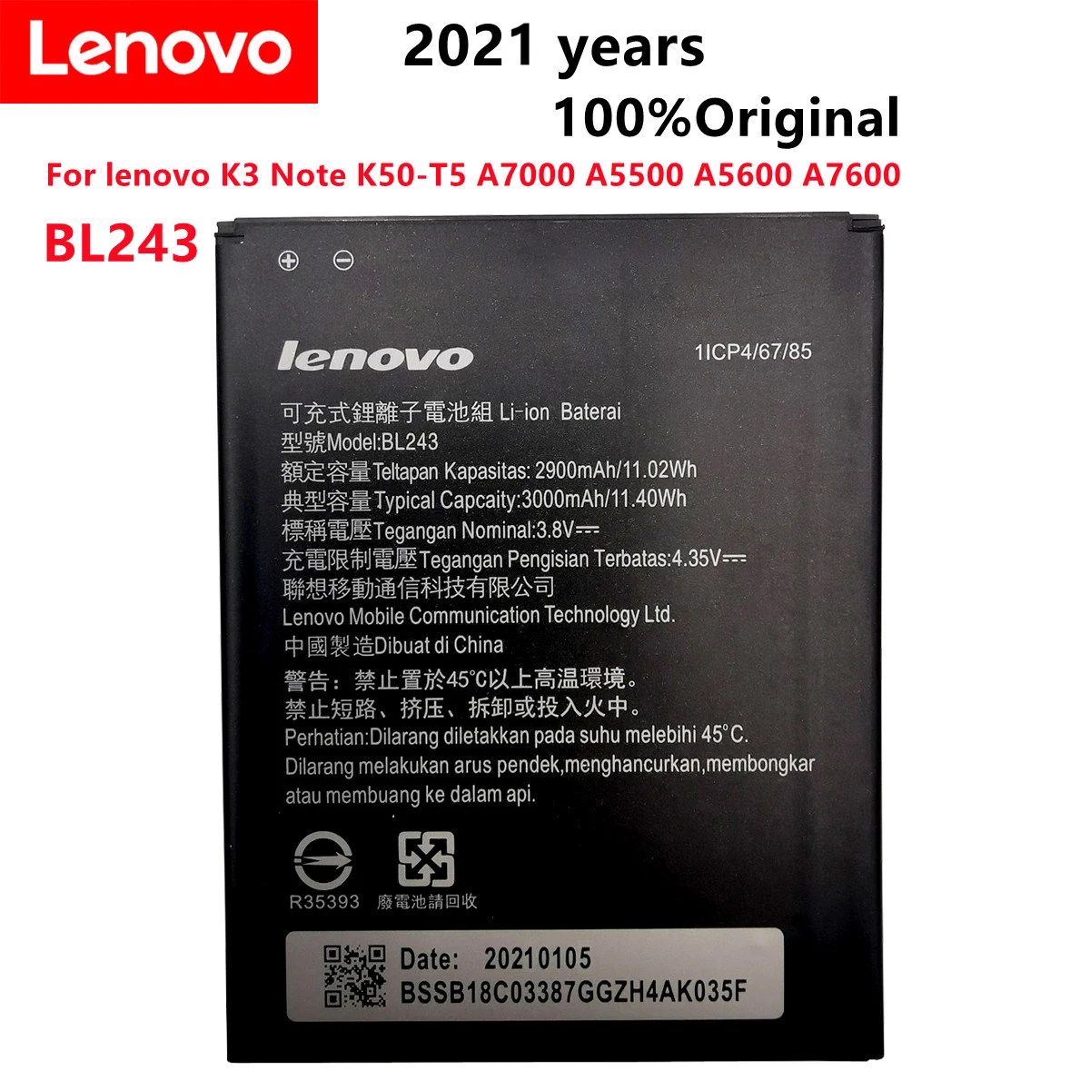 

2021 New 100% Tested Original BL243 Mobile Phone Battery for lenovo K3 Note K50-T5 A7000 A5500 A5600 A7600 Battery Batteria