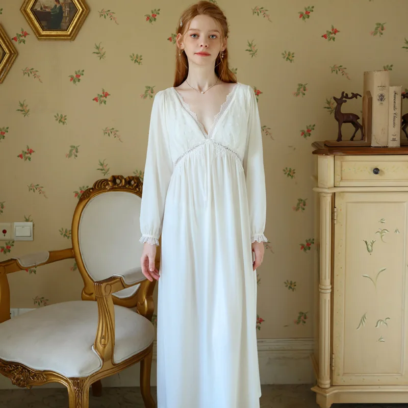 Sexy Nightgown Cotton Women's Spring And Autumn Long Sleeve Long Vintage Palace Princess Style Sweet Lace Thin Pajamas