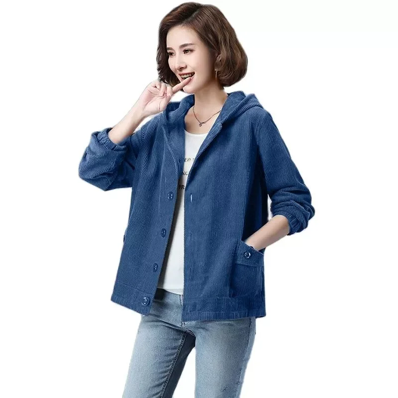 

Женское вельветовое пальто, свободная теплая куртка с капюшоном и бархатной подкладкой, в Корейском стиле, верхняя одежда для отдыха, Осень-...