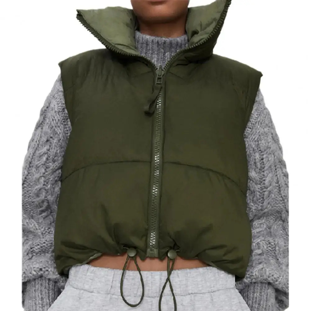 Waistcoat Sleeveless Simple Thick Sleeveless Drawstring Short Women Waistcoat Zip Up Stand Collar Padded Cropped Puffer Quilted