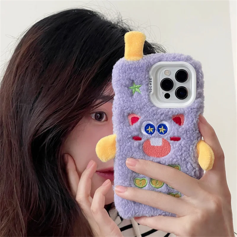 

Funny Cute Embroidery Expression Plush Phone Case For iPhone 15 Pro 11 12 13 14 Pro Max Cover Cute Cartoon Fluffy Silicone Cases