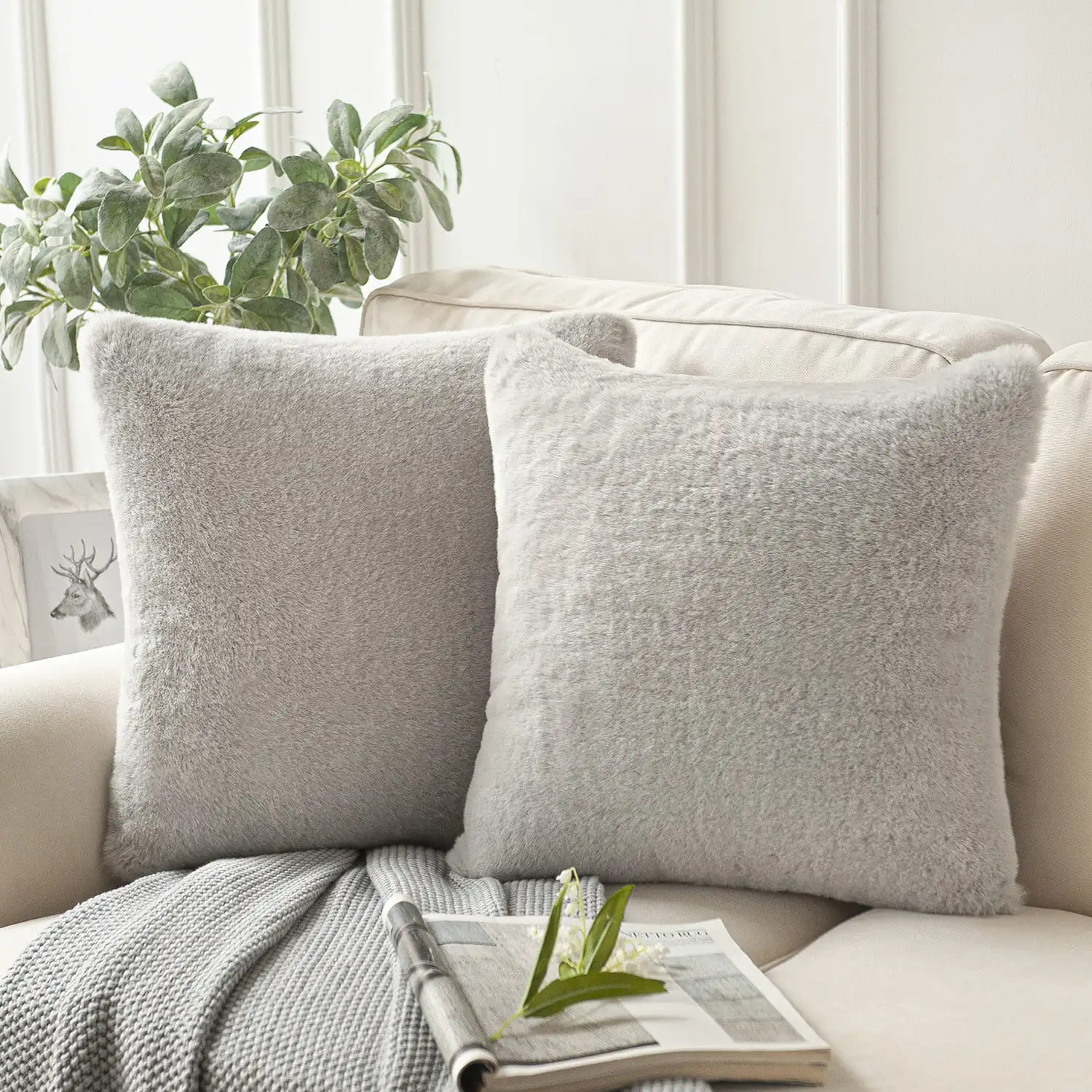 

Deluxe Soft Faux Rabbit Fur Series Decorative Throw Pillow, 18" x 18", Gray, 2 Pack