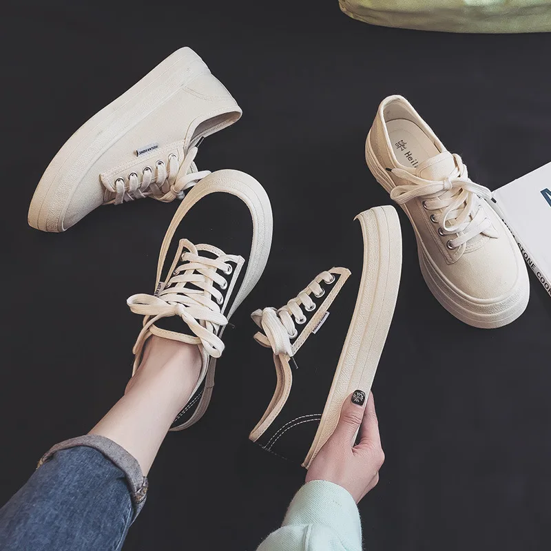 

2022 Autumn Women's Canvas Shoes Ins Trend Casual Thick Bottom Platform Low-top Breathable Lace-up Students Shoes