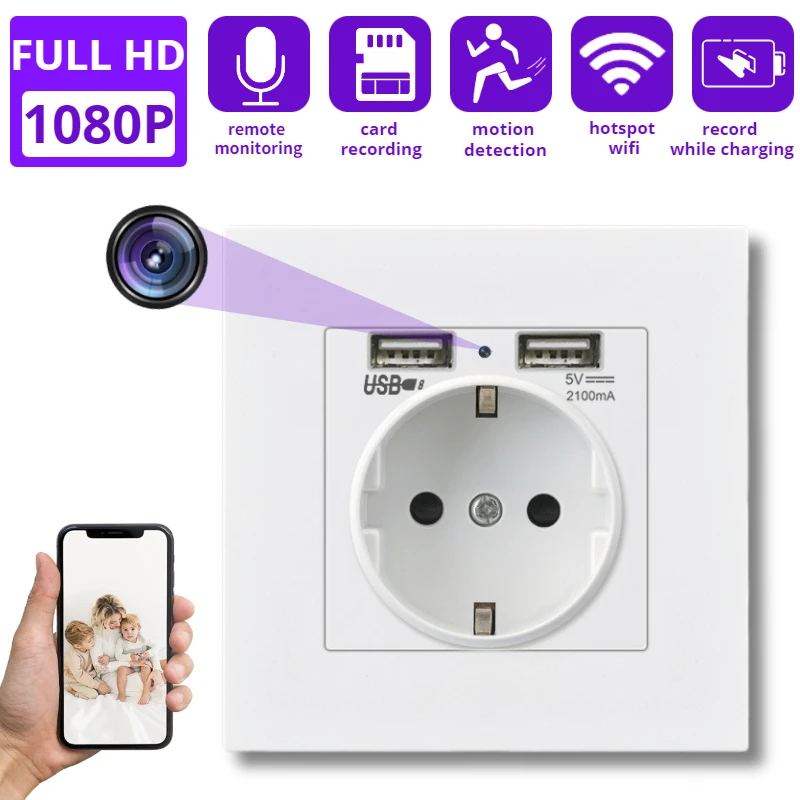 

1080P Full HD MINI Camera EU Household USB Power Outlet 5V 2A PC Panel Dual Usb Wall Outlet Camera Home Security Nanny Cam