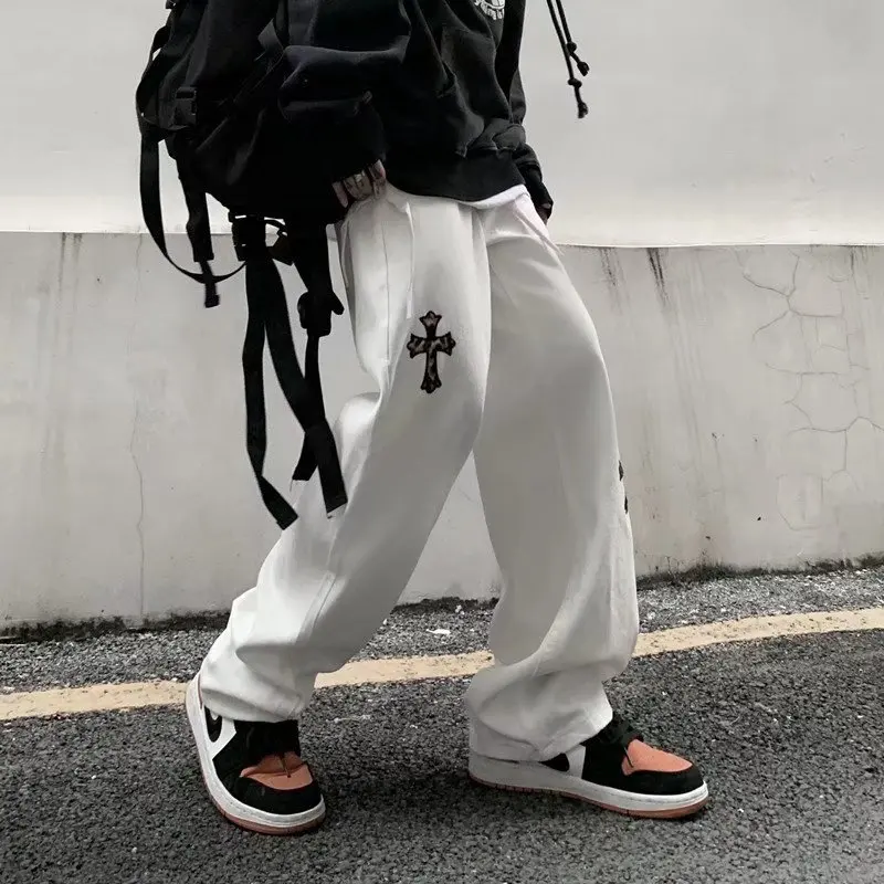 Korean Ins Japanese Street Dark Embroidery Straight Loose White Wide-leg Jeans Men and Women Trend Cargo Pants Women