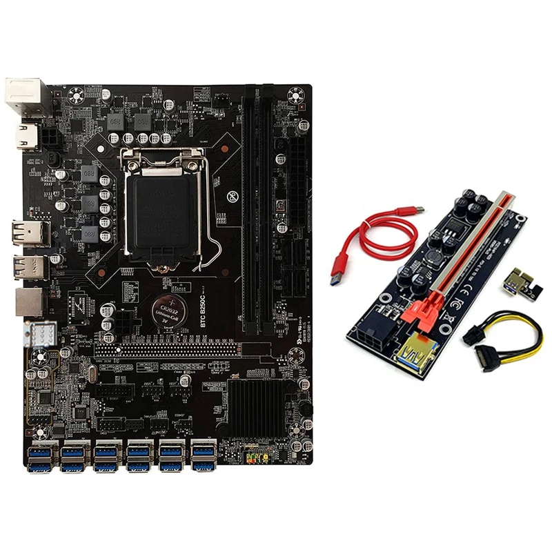 

HOT-B250C BTC Miner Motherboard+009S Plus Riser Card Enhanced Version 12XPCIE to USB3.0 GPU Slot LGA1151 Mining Motherboard
