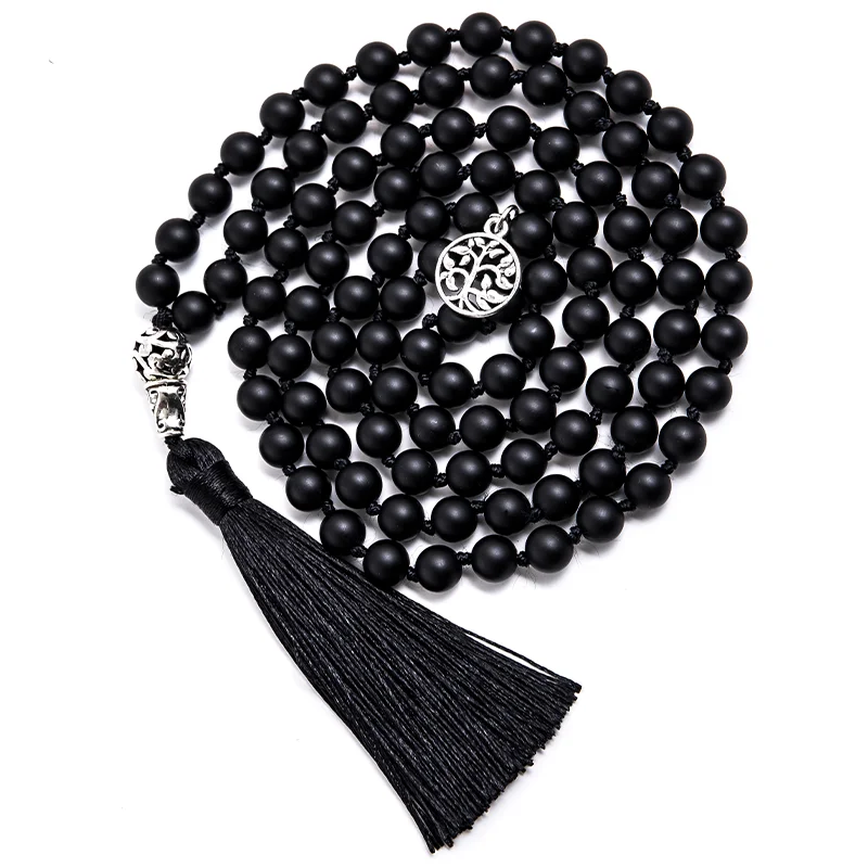 

8mm Matte Black Onyx 108 Mala Necklace Meditation Yoga Prayer Beads Japamala Rosary Tassel Jewelry for Men and Women