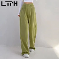 ltph1 irregular cross high waist casual trousers women texture solid color loose wide leg pants 2022 summer new