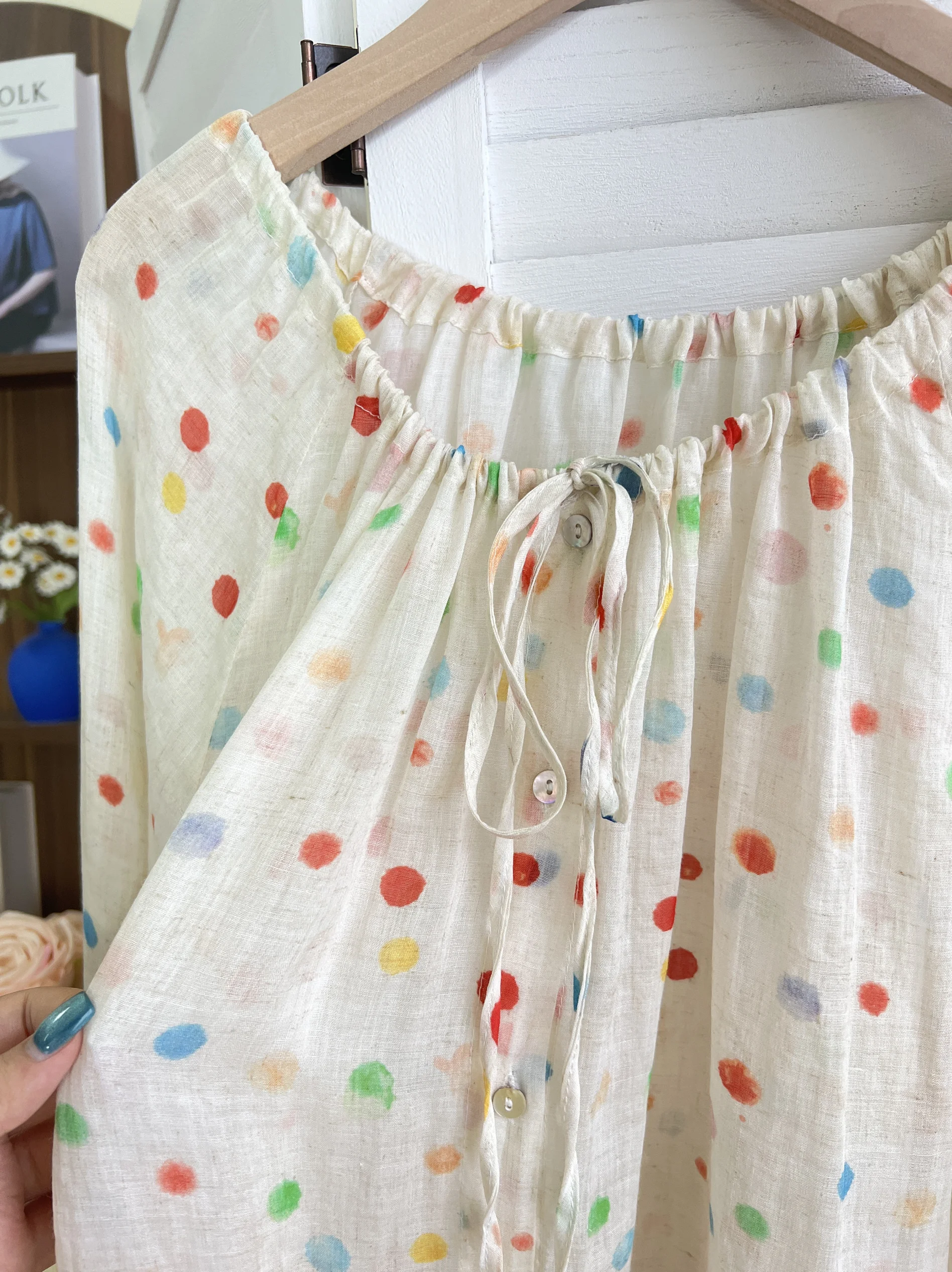 Japan fashion Artistic Color Polka Dot Pure Ramie Drawstring Neckline Long sleeve Small Shirt Loose All-Matching Top