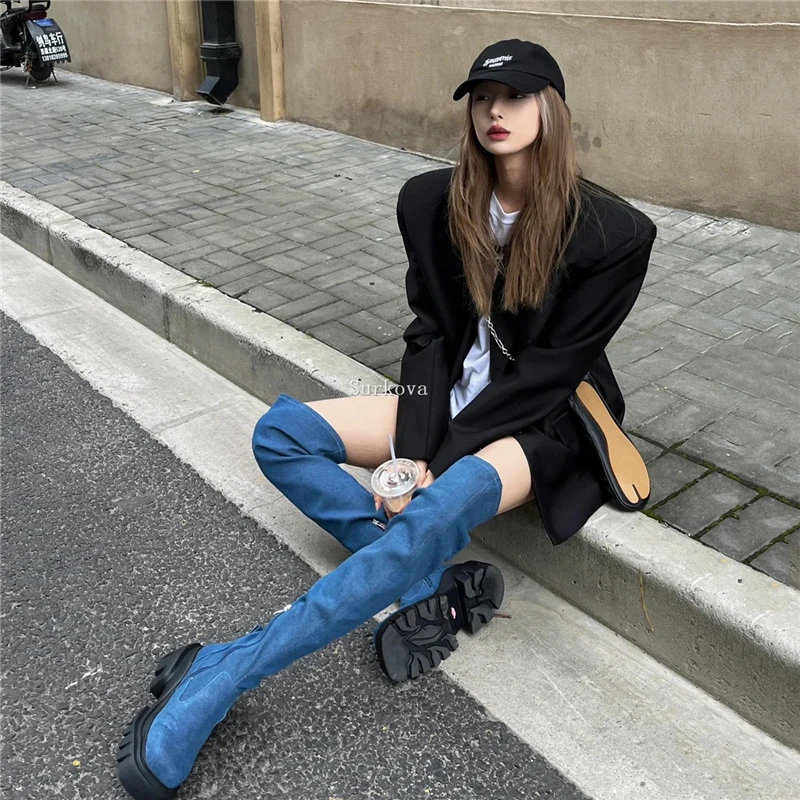 Denim New Over The Knee Boots Square Toe High Top Side Zipper Stretch Boots Cool Girl Sexy Woman Dress Fashion Elevator Shoes