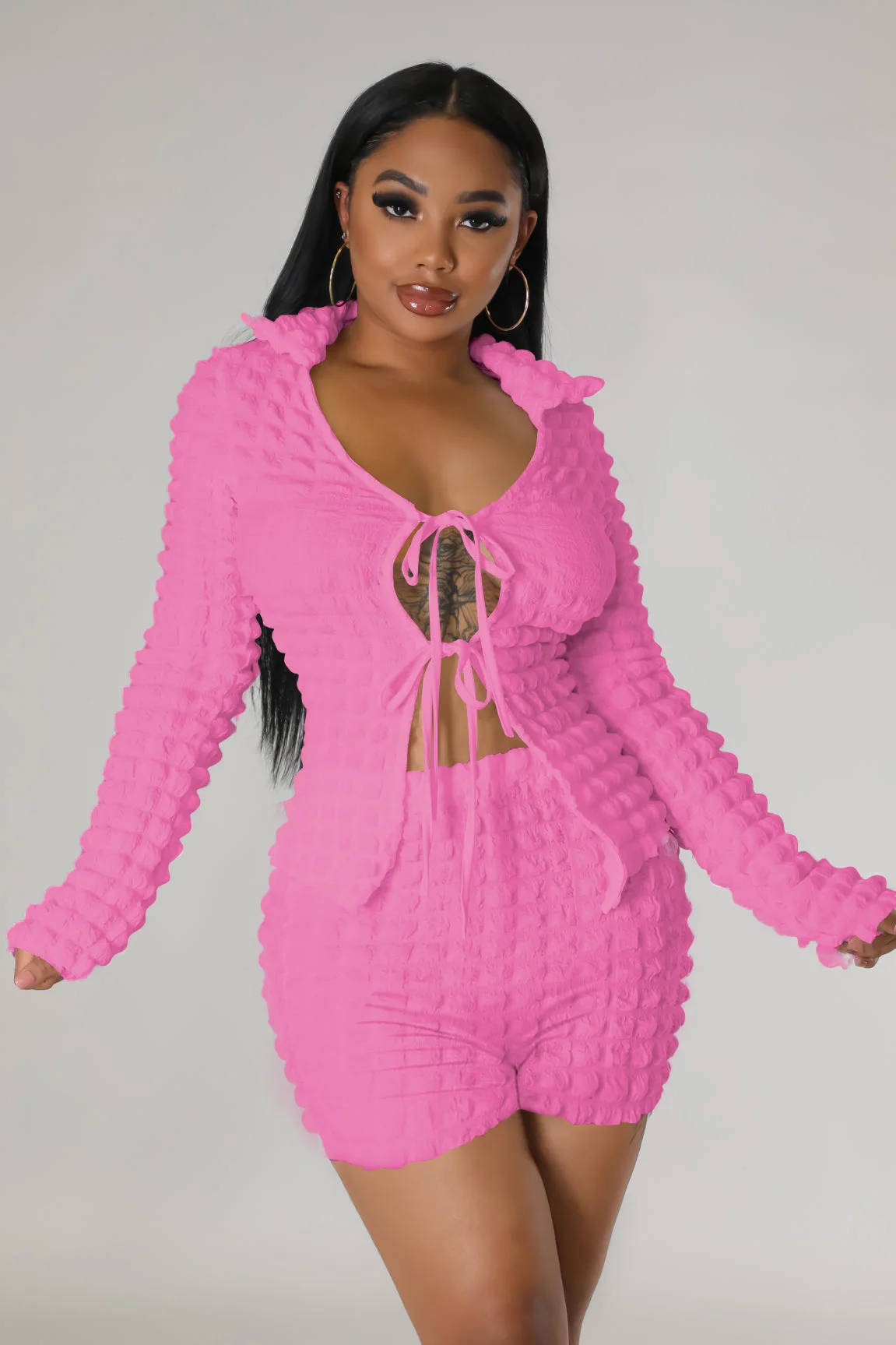 

Summer Women Seersucker High Stretch Long Sleeve Lace-up Cardigan Top + Shorts 2023 Casual Tracksuit Two Piece Set Women Outfit