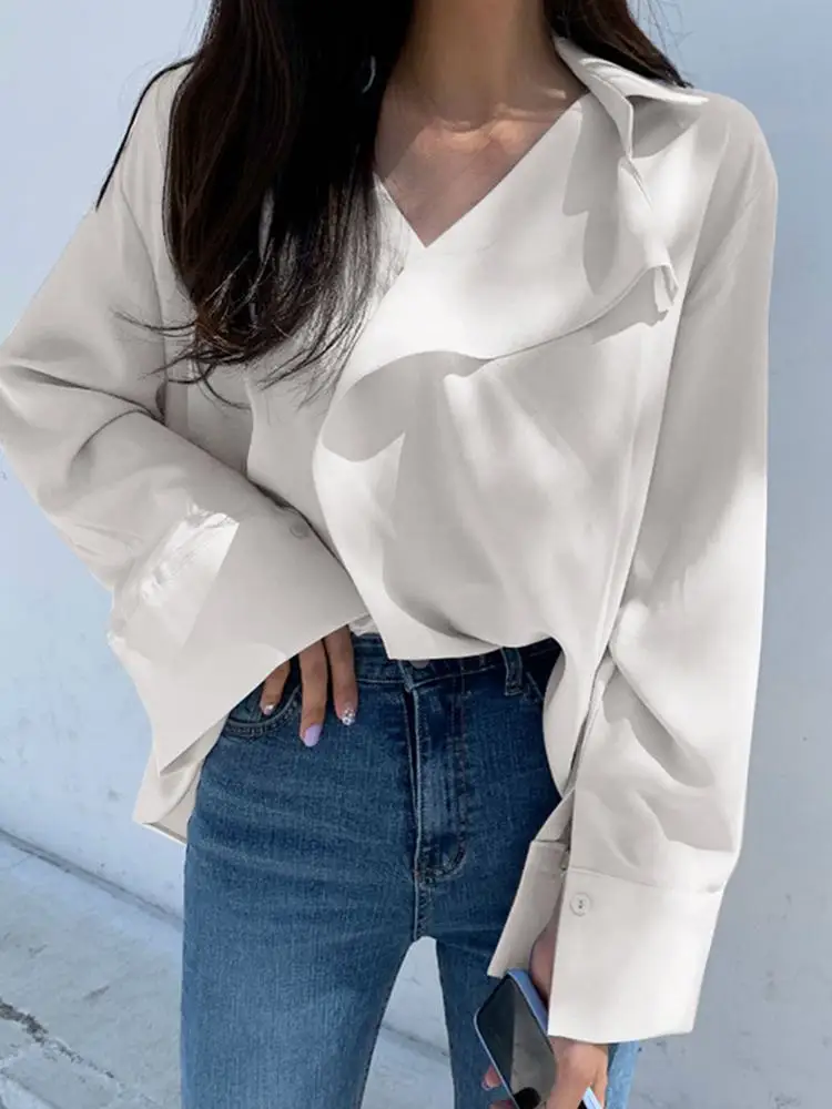 

ZANZEA 2023 Fashion Solid Shirts Women's Asymmetrical Blouses Long Sleeve Blusas Female Lapel Spring Tunic Oversized Chemise