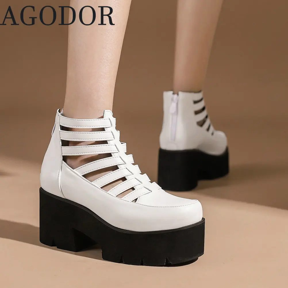 

AGODOR Gladiator Block Heels Platform Pumps for Women Summer Booties Shoes Zipper Cut Out Booties Chunky High Heel Pumps