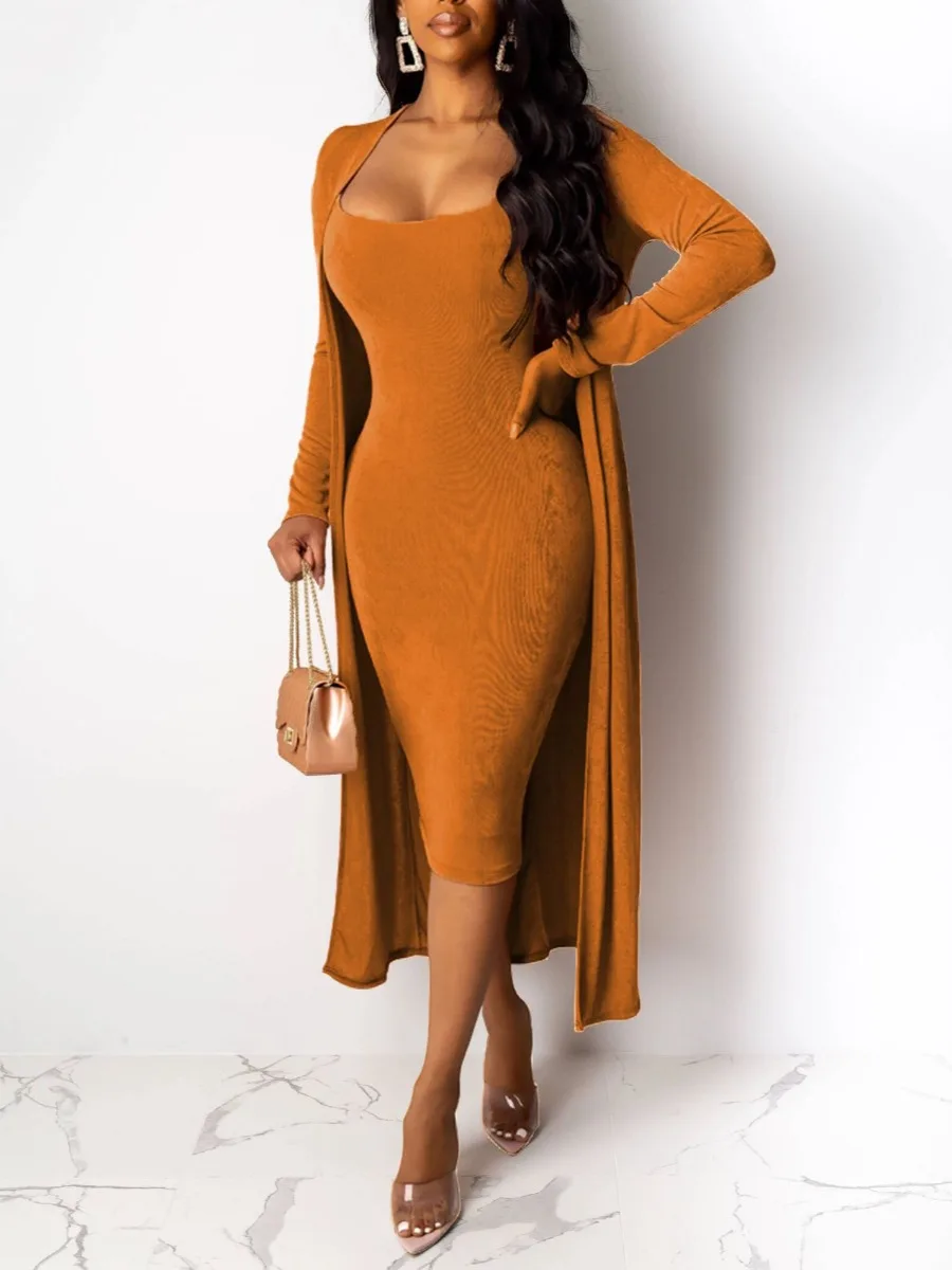 

LW Autumn & Winter Sexy French Velvet Cami Dresses With Cover Up Female Party Club Streetwear Women 2 Pieces Bodycon Dress Set