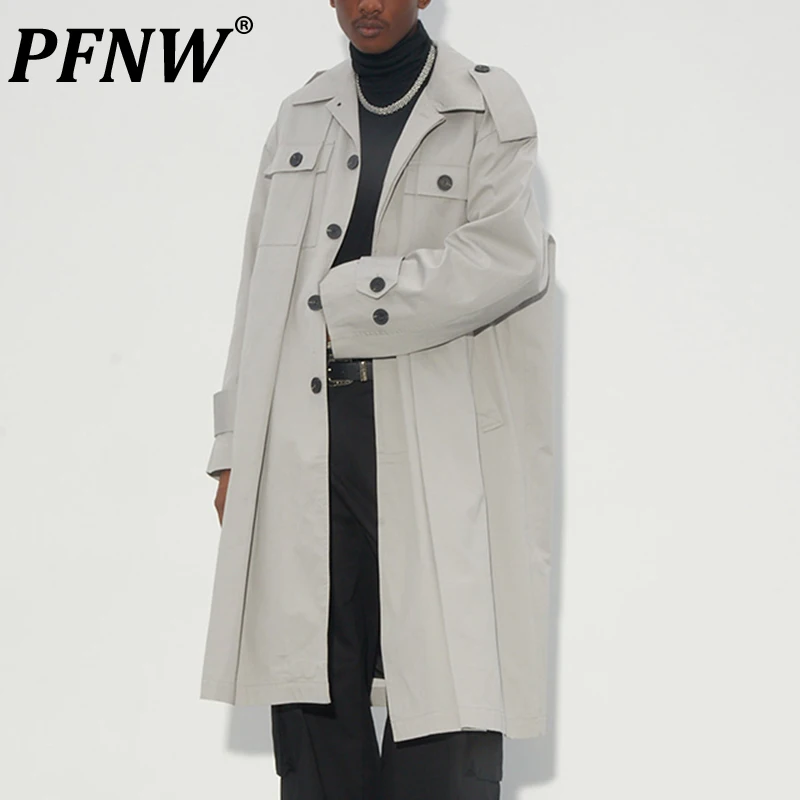 

PFNW Autumn Male Original Deconstructed Pleated Long Length Windbreaker Solid Color Safari Style Avant-garde Trench Coat 12Z1772