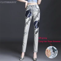 ladies pencil stretchy skinny jeans 2022 woman high waist blue sequins graphic tight jeans y2k aesthetic denim pants