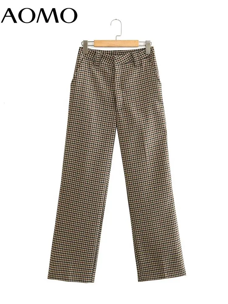 

AOMO 2022 Women Plaid Pants Trousers Female Zipper Vintage Pants 8Y111A
