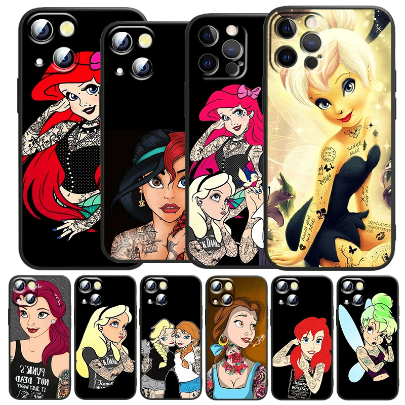 

Disney Princess Tattoo for Apple iPhone 13 12 Mini 11 XS Pro Max X XR 8 7 6 Plus SE 2020 5 Black Soft TPU Phone Case Funda Capa