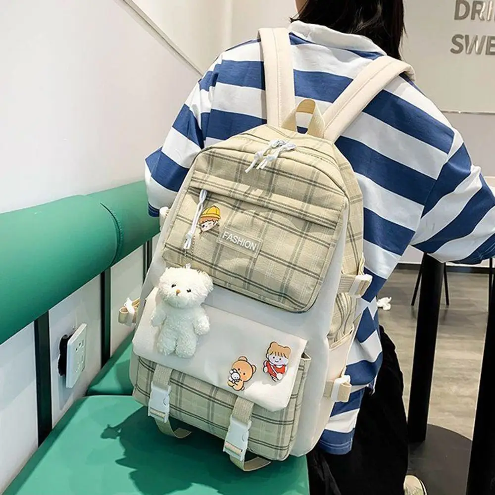 5Pcs/Set Large Capacity Cute Plaid Backpack Korean Style Adjustable Straps Cartoon Shoulder Bag Canvas Durable
