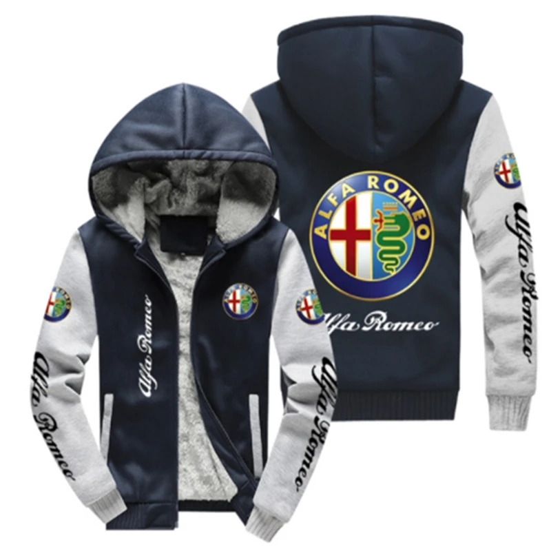 

NEW wintertime Men Alfa Romeo Logo Cartoon Thicken Hoodie Mens Zipper Winter Warm Fleece Coat Male Tracksu V