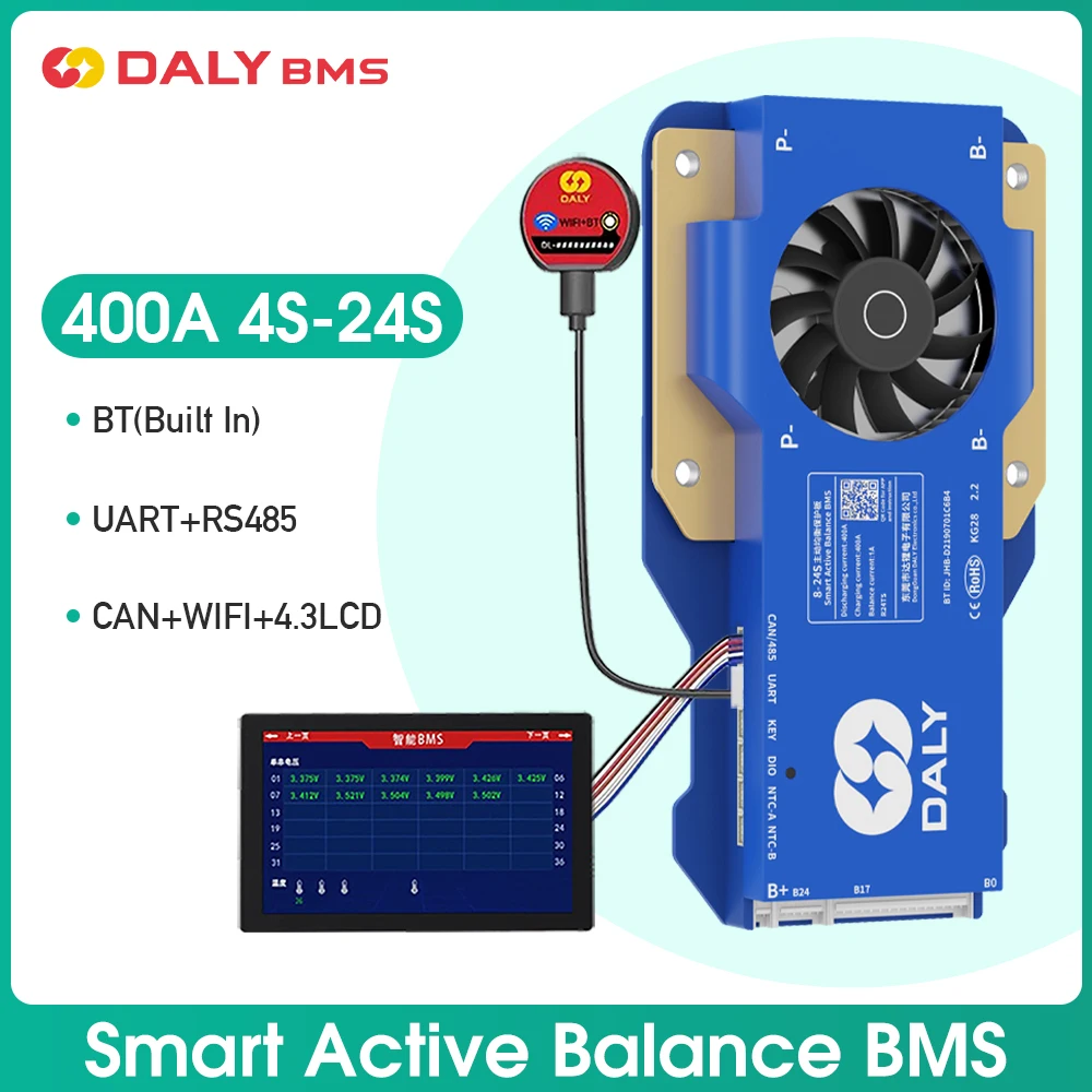 Фото Daly Active Balance Bms 4S 12V 16S 48V 24S 72V для электрических вилочных тележек для гольфа 3S-24S 4 400A Smart BMS с WIFI/CAN/WIFI/LCD №1