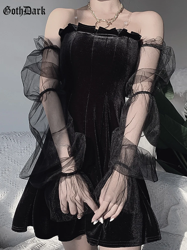 Goth Dark Mesh Vintage Gothic Dresses egirl Aesthetic Transpanent Strap Pleated Dress Chic Punk Hip Hop Grunge Emo Alt Clothes