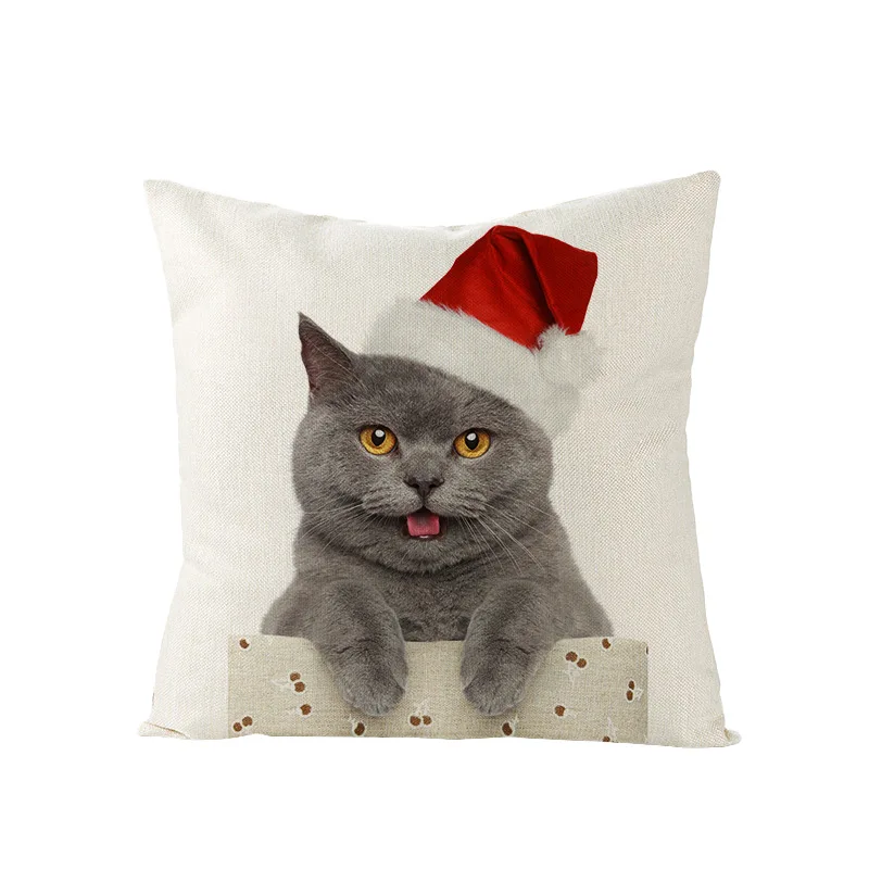 

New Christmas Decor Cushion Cover Funny Animal Cat and Dog Printed Linen Pillow Cover Xmas Outside Throw Pillowcase