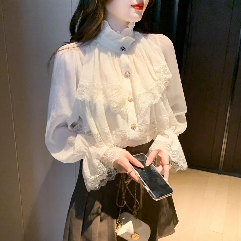 

Vintage Long Sleeve Blouse Fashion Korean Women Stand Collar Chiffon Shirts Ruffles Lace Blouses Elegant Femme Tops Blusas 23057