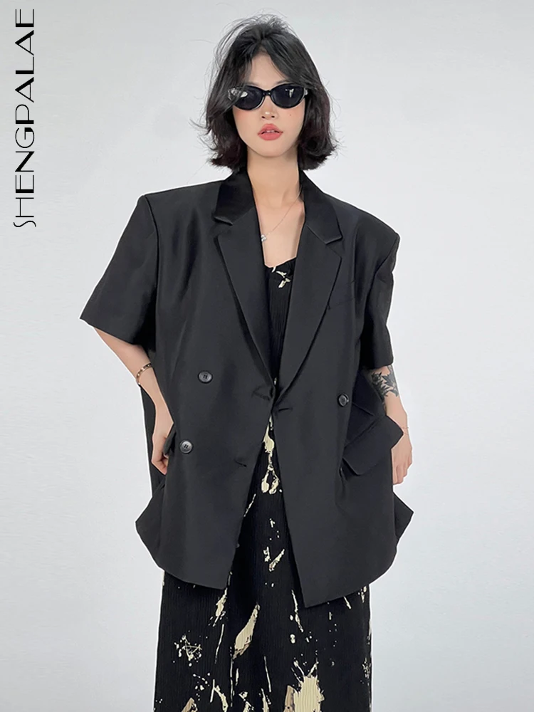 

SHENGPALAE Korean Loose Casual Black Short Sleeved Suit Fashion Chic Single Breasted Coat Women's 2023 Summer New Clothing R3510