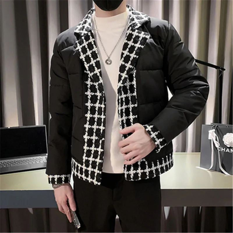 Heated Jacket Winter for Men Overcoat Patchwork Plaid Designer Long Sleeve Lapel Collar Casual Korean Style Parkas Man Clothing