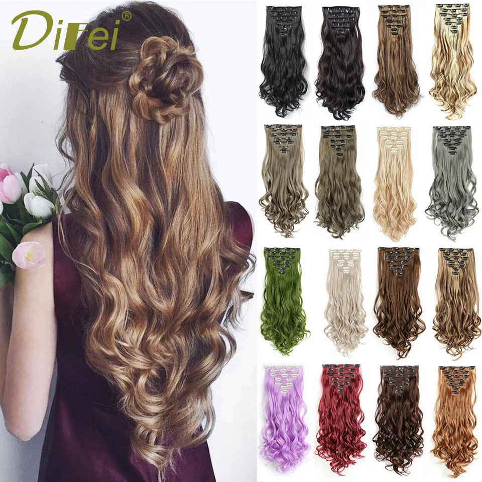 

Synthetic Clip On Hair Extension 7Pcs/Set 22inch Long Wavy Curly Hairpiece 16 Clips In Hair Ombre Heat Resistant Fiber Fake Hair