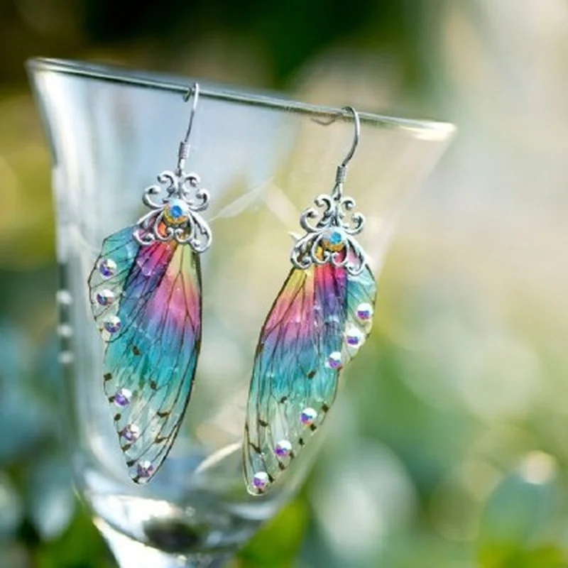 

Female Rhinestone Glitter Simulated Insect Jewelry Earrings Fairy Rainbow Gradient Butterfly Wing Drop Earrings Korean Earrings