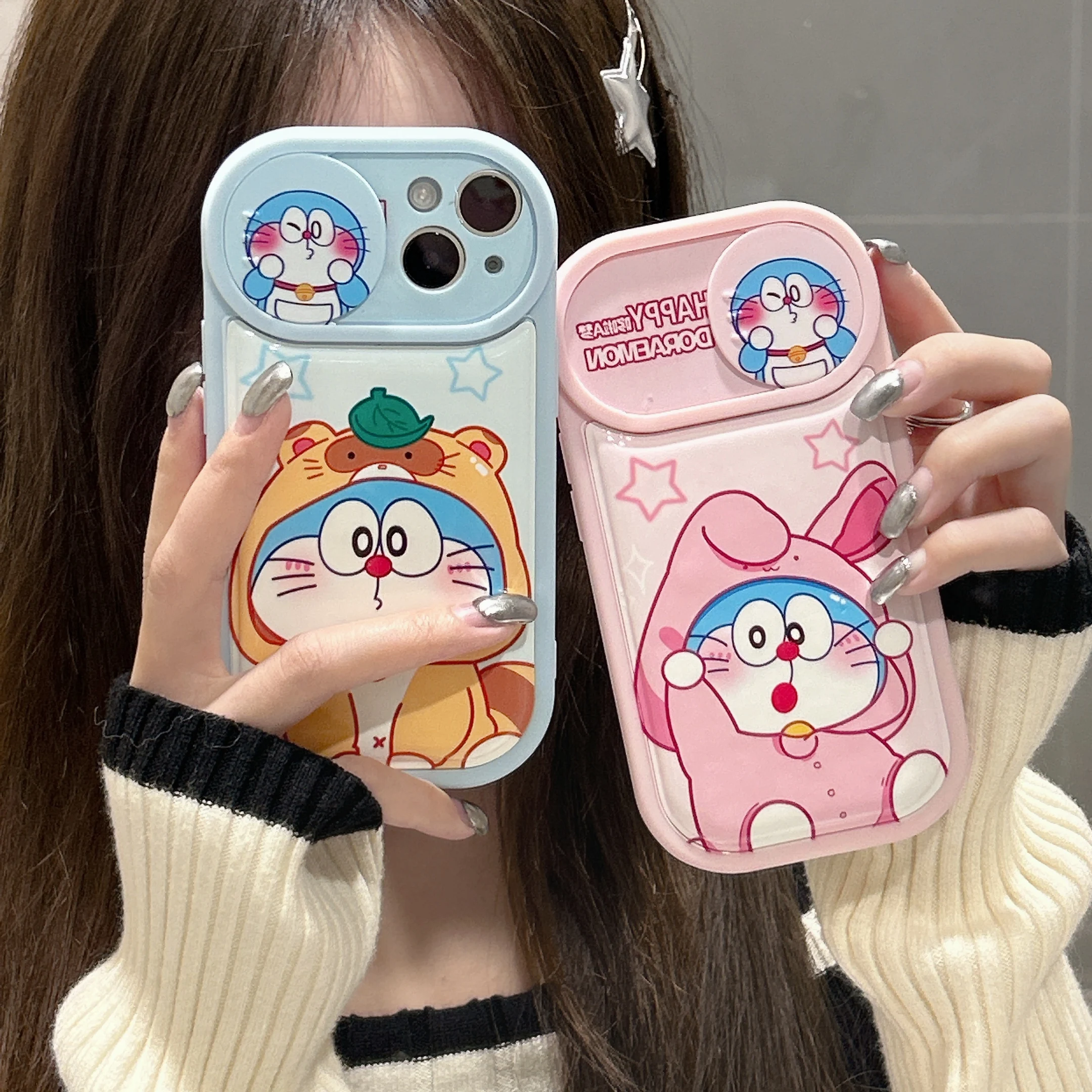 

Cartoon Doraemon Sliding Window Kawaii Y2K Girls Phone Cases For iPhone 14 13 12 11 Pro Max XR X XS Plus SE 2023 BACK Cover