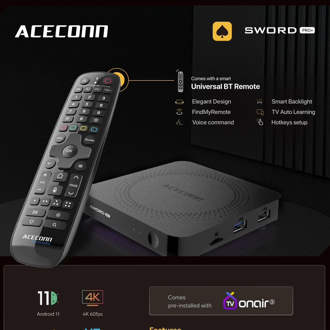 Фото ТВ-приставка TVONAIR3 ACECONN 4K Sword Series для потоковой передачи контента на Android, IPTV, 2 ГБ ОЗУ, 16 ГБ ПЗУ №5