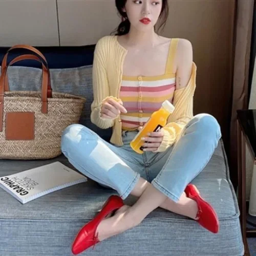 Sexytank Верхняя одежда Женский летний укороченный полосатый вязаный топ с цветными