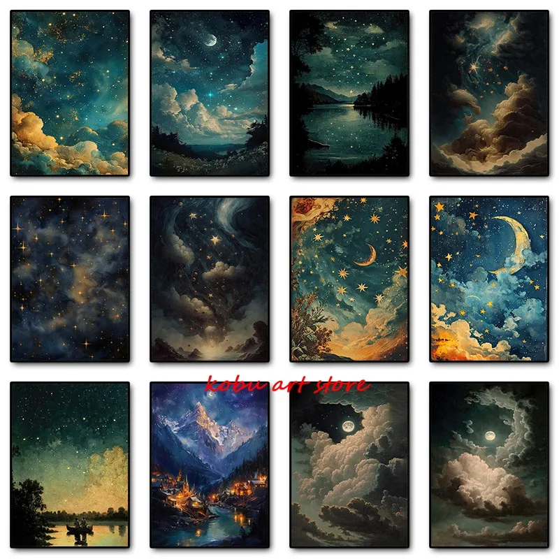 Абстрактная винтажная картина с изображением звезд небесного неба ландшафта