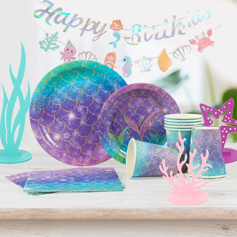 

Little Mermaid Party Disposable Tableware Set Under the sea Party Paper Plate Cup for Girl Kids Mermaid Birthday Decoration
