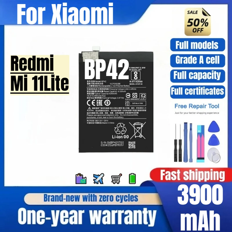 Фото Аккумулятор BP42 для Xiaomi Redmi Mi 11 Lite, 0 циклов зарядки, высокое качество, высокая емкость, сменный аккумулятор класса A с инструментами для замены №1