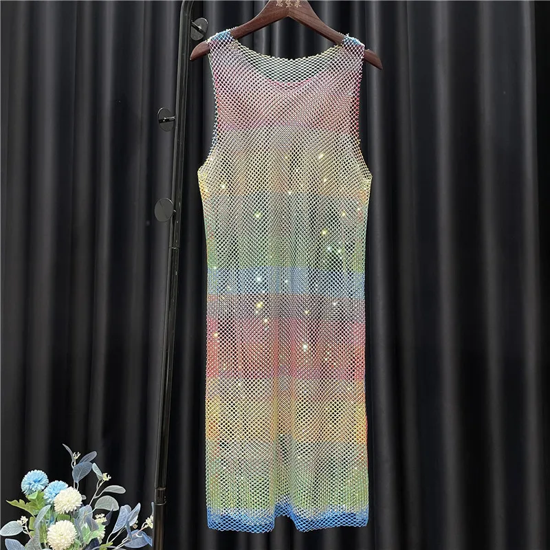 

Bright Diamond Rainbow Y2K Vest Dress Hollow Color Rhinestones See-through Mesh Dress Women Neon Color Cllub Shift Dress