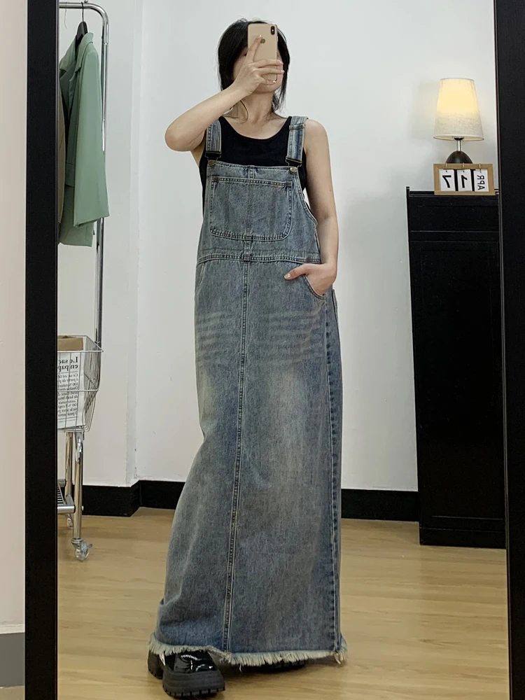 Женское винтажное джинсовое платье-комбинезон с разрезом Осеннее свободное