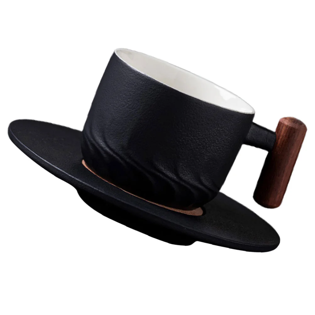 

1 Set of Water Cup with Saucer Ceramic Coffee Cup Ceramic Coffee Mug Wood Handle Coffee Cup