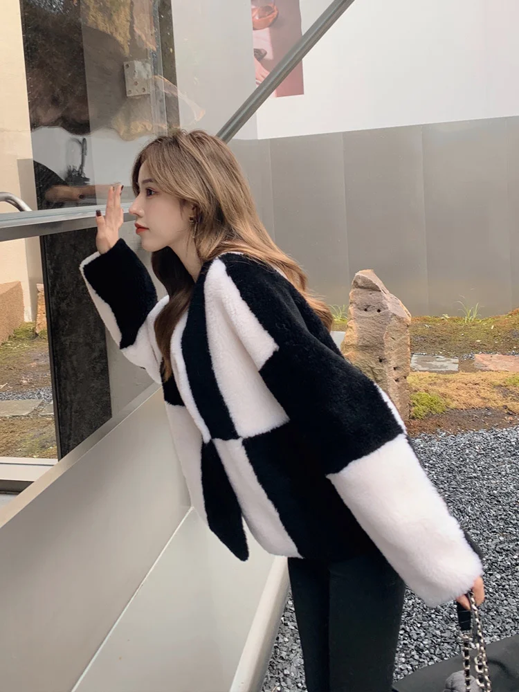 Lamb Wool Coat Autumn Winter 2022 Korean Chic Women Checkerboard Wool Grain Cashmere Lamb Fur Coat Fashion Casual Lady Jackets