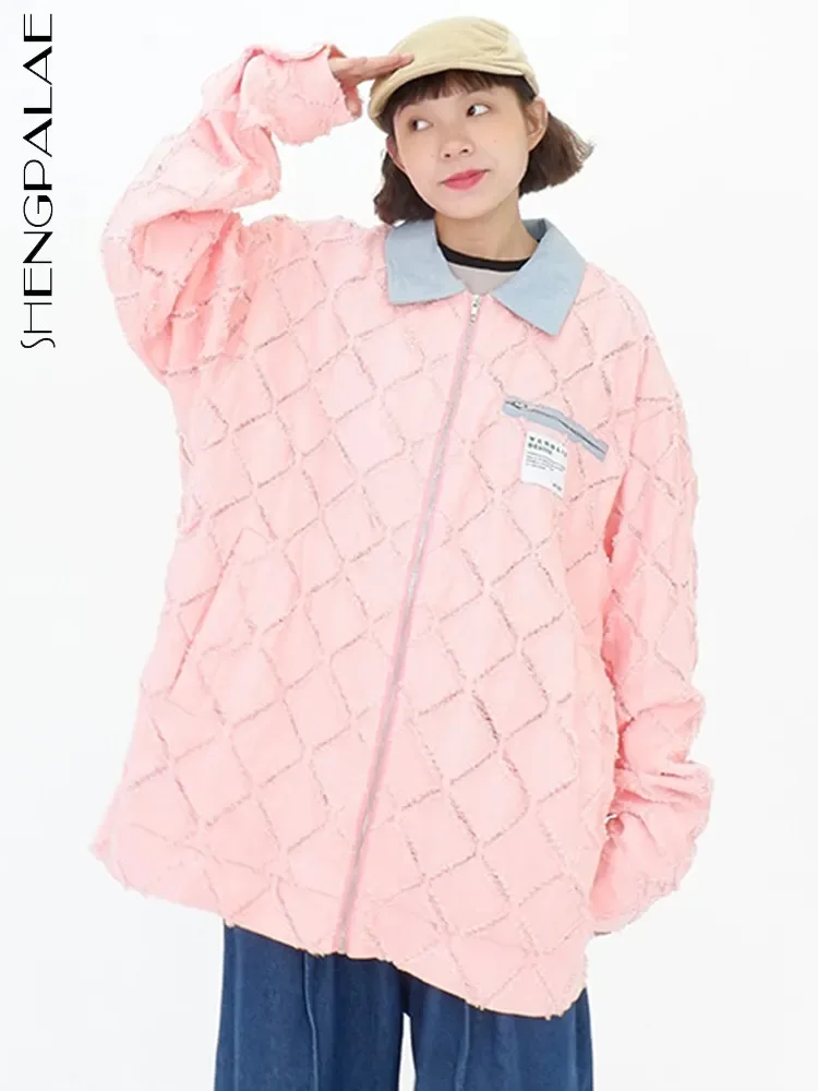 

SHENGPALAE Fashion Women Diamond Lattice Denim Coat Contrast Color Patchwork Lapel Zipper Casual Jacket Autumn 2023 New 5R6530