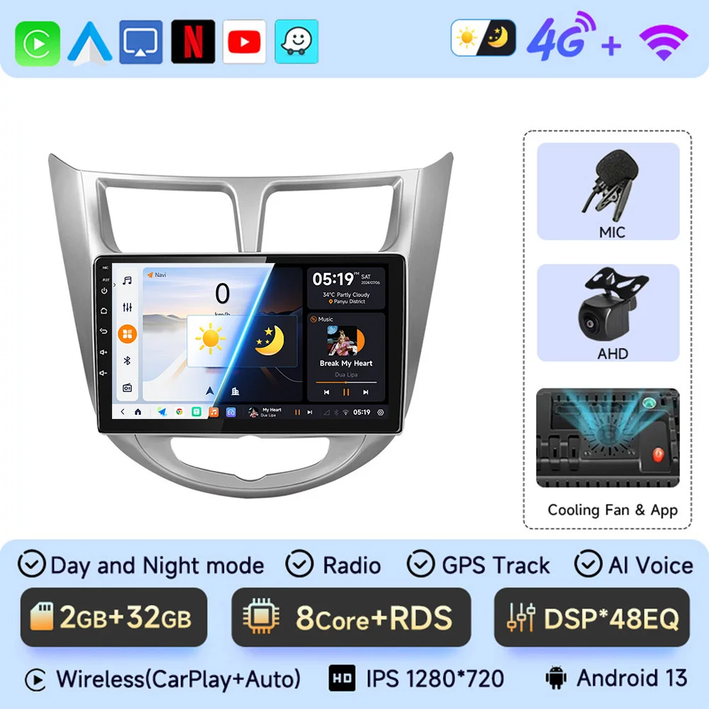

2 Din Android 13 Carplay Автомобильный радиоприемник для Hyundai Solaris Verna Accent 1 2010-2016 Мультимедийный плеер Навигация DVD GPS Головное устройство