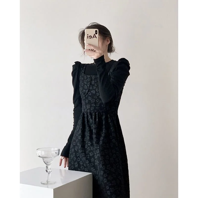 

Sweater Midi Dress Set Flower Long Sleeve Gothic Elegant Dresses For Women Fashion Lady Vintage Autumn Frocks Clothes Casual
